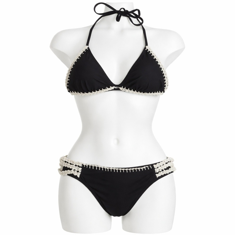 The Bikini Lab Crochet Trim Triangle Bikini Bottoms Black Cream